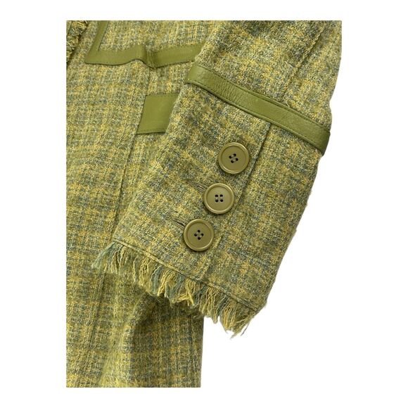 90s Blanc Noir Wool Blend Coat  Green Plaid Tweed Fringe Lightweight Juniors L - Picture 13 of 16
